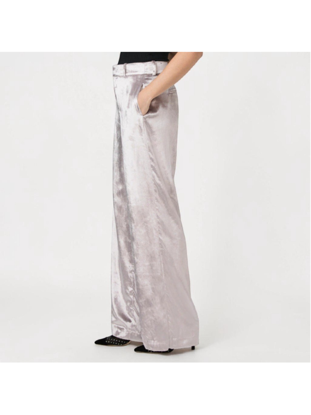 PAIGE Silver Velvet Wide Leg Pants NWT Sz 4 Icy Gray - Picture 14 of 16